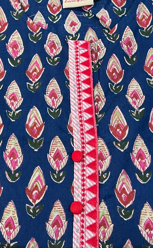 Indigo Blue/Red Buds Jaipuri Cotton Short Kurti. Pure Versatile Cotton. | Laces and Frills - Laces and Frills