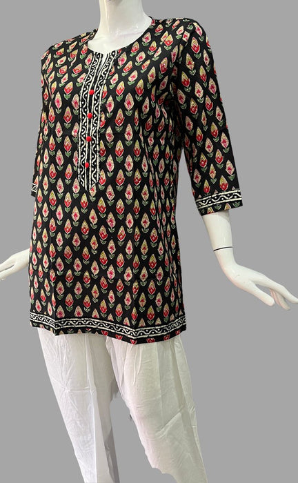 Black/Pink Flora Jaipuri Cotton Short Kurti. Pure Versatile Cotton. | Laces and Frills - Laces and Frills