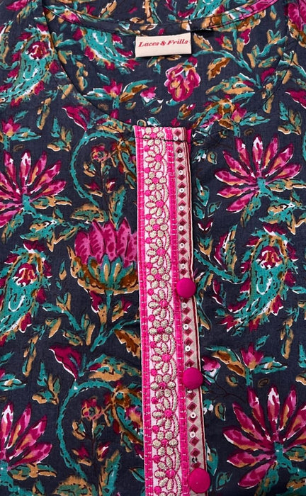 Dark Grey/Pink Jaipuri Cotton Short Kurti. Pure Versatile Cotton. | Laces and Frills - Laces and Frills