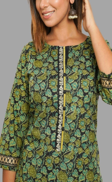 Bottle Green Floral Kurti With Pant Set .Pure Versatile Cotton. | Laces and Frills - Laces and Frills