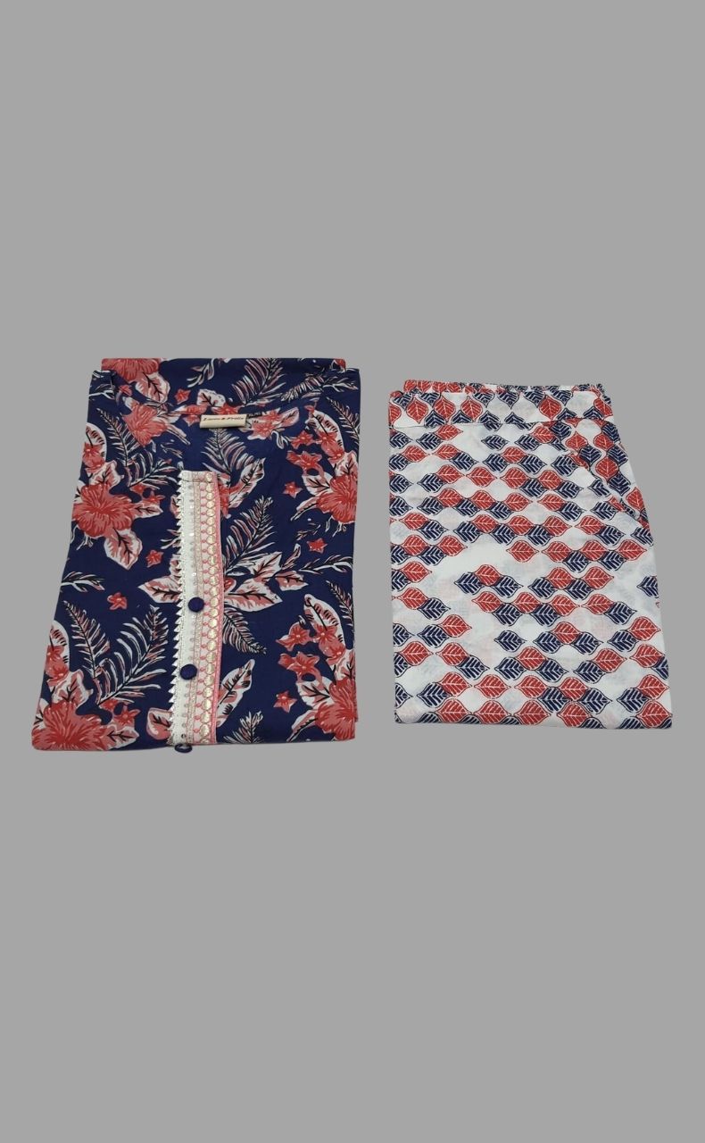 Navy Blue Garden Kurti With Pant Set .Pure Versatile Cotton. | Laces and Frills - Laces and Frills