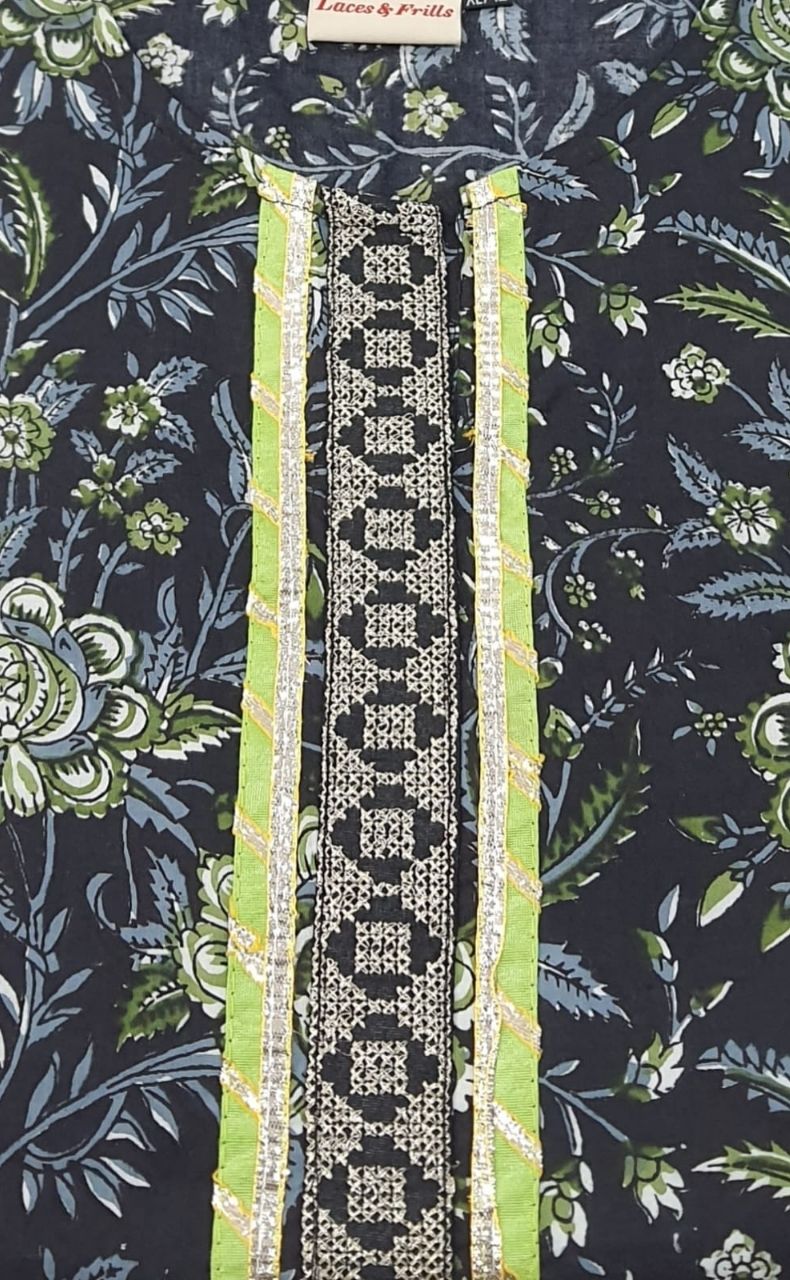 Black/Green Floral Kurti With Pant Set.Pure Versatile Cotton. | Laces and Frills - Laces and Frills