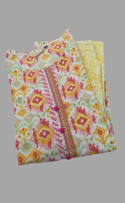 White/Yellow Motif Kurti With Pant Set.Pure Versatile Cotton. | Laces and Frills - Laces and Frills