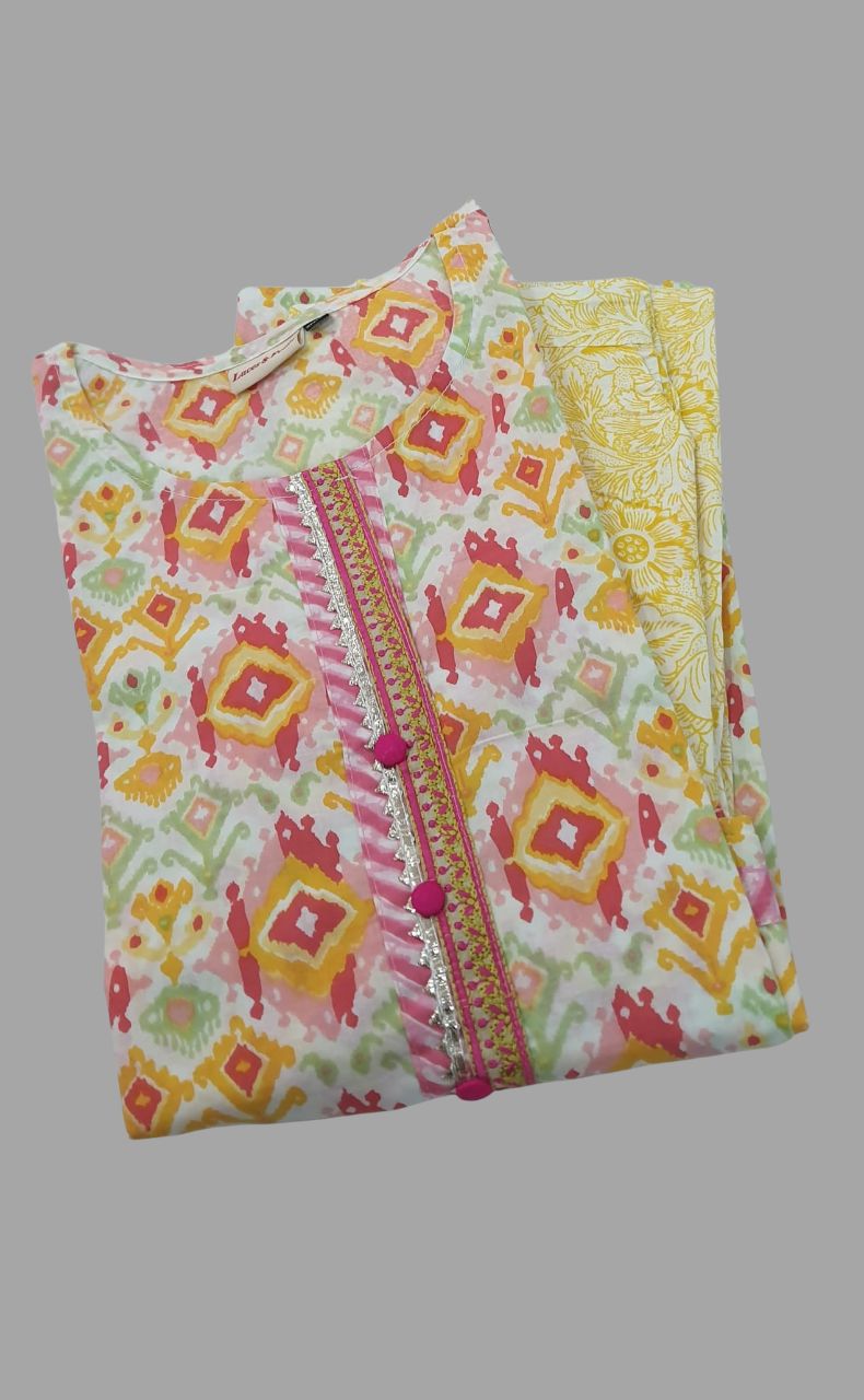 White/Yellow Motif Kurti With Pant Set.Pure Versatile Cotton. | Laces and Frills - Laces and Frills