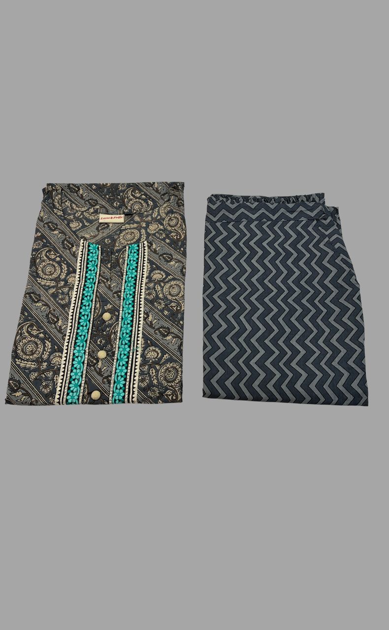 Ash Grey Floral Motif Kurti With Pant Set.Pure Versatile Cotton. | Laces and Frills - Laces and Frills