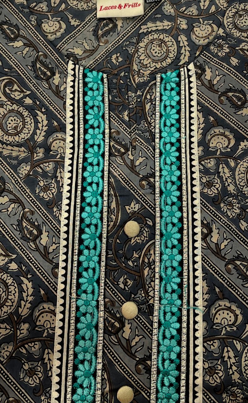 Ash Grey Floral Motif Kurti With Pant Set.Pure Versatile Cotton. | Laces and Frills - Laces and Frills