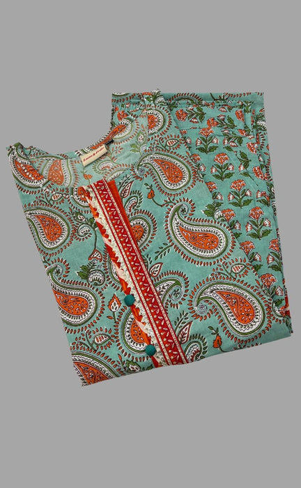 Green/Orange Floral Motif Kurti With Pant Set.Pure Versatile Cotton. | Laces and Frills - Laces and Frills