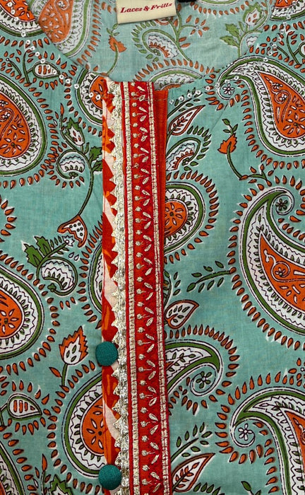 Green/Orange Floral Motif Kurti With Pant Set.Pure Versatile Cotton. | Laces and Frills - Laces and Frills