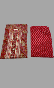 Red/Pink Floral Motif Kurti With Pant Set.Pure Versatile Cotton. | Laces and Frills - Laces and Frills