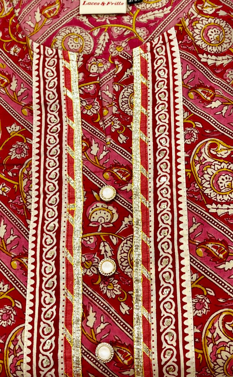 Red/Pink Floral Motif Kurti With Pant Set.Pure Versatile Cotton. | Laces and Frills - Laces and Frills