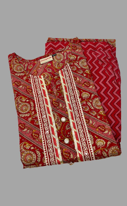 Red/Pink Floral Motif Kurti With Pant Set.Pure Versatile Cotton. | Laces and Frills - Laces and Frills