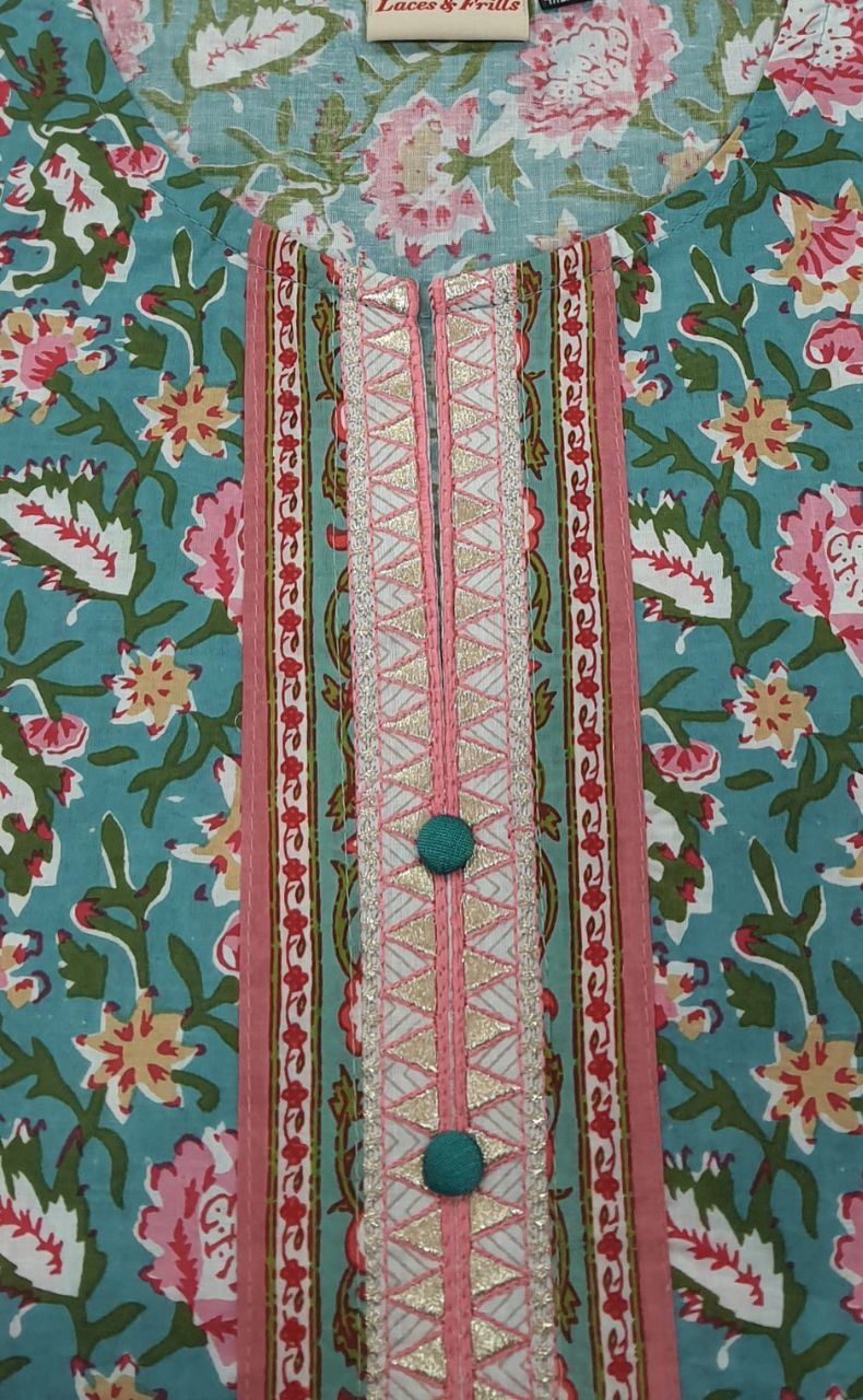 Sea Green/Pink Floral Kurti With Pant Set.Pure Versatile Cotton. | Laces and Frills - Laces and Frills