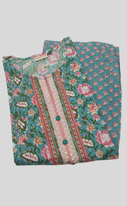 Sea Green/Pink Floral Kurti With Pant Set.Pure Versatile Cotton. | Laces and Frills - Laces and Frills