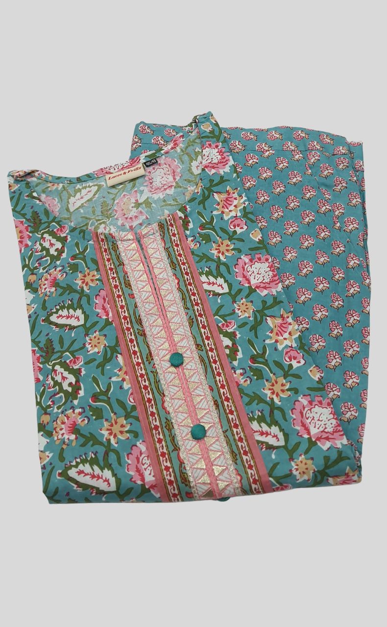 Sea Green/Pink Floral Kurti With Pant Set.Pure Versatile Cotton. | Laces and Frills - Laces and Frills