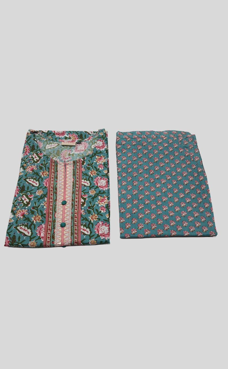 Sea Green/Pink Floral Kurti With Pant Set.Pure Versatile Cotton. | Laces and Frills - Laces and Frills