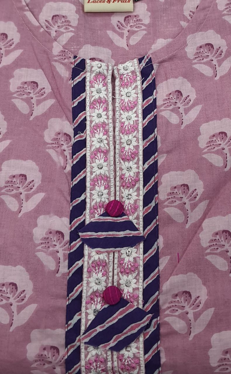 Lavender Pink Floral Kurti With Pant Set.Pure Versatile Cotton. | Laces and Frills - Laces and Frills