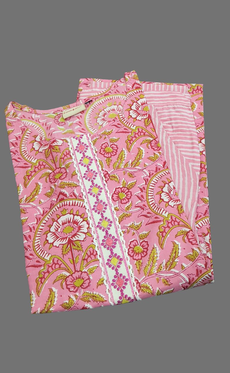 Pink Floral Kurti With Pant Set.Pure Versatile Cotton. | Laces and Frills - Laces and Frills