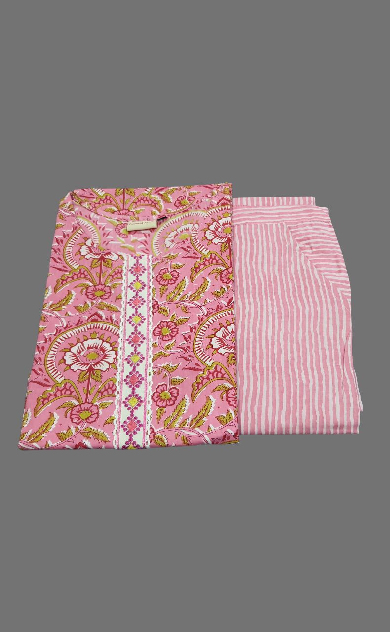 Pink Floral Kurti With Pant Set.Pure Versatile Cotton. | Laces and Frills - Laces and Frills
