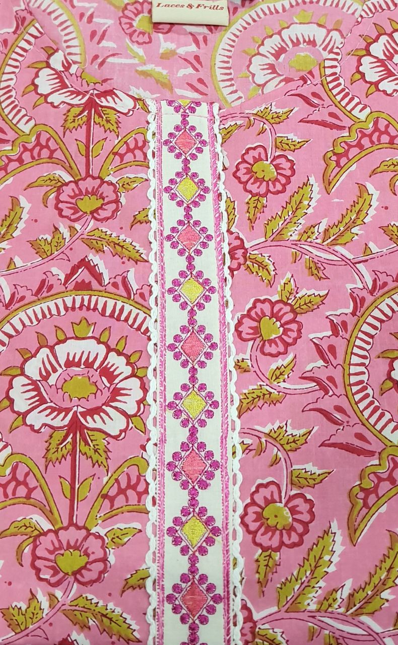 Pink Floral Kurti With Pant Set.Pure Versatile Cotton. | Laces and Frills - Laces and Frills