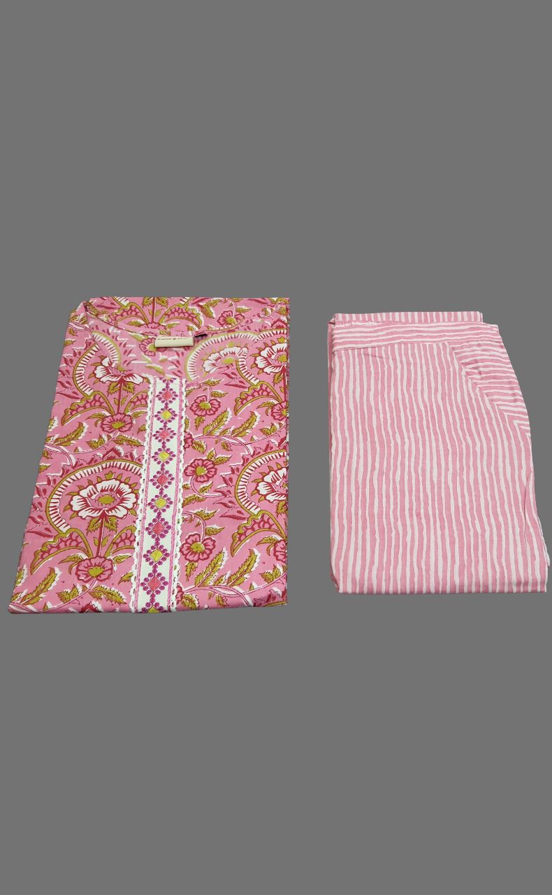 Pink Floral Kurti With Pant Set.Pure Versatile Cotton. | Laces and Frills - Laces and Frills
