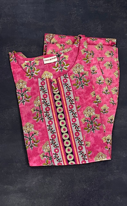 Pink Floral Kurti With Pant Set.Pure Versatile Cotton. | Laces and Frills - Laces and Frills