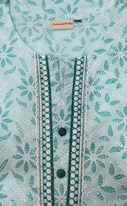 Sea Green Floral Kurti With Pant Set.Pure Versatile Cotton. | Laces and Frills - Laces and Frills