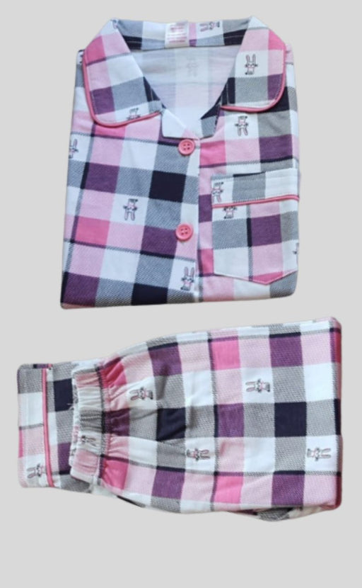 Pink/White Checks Girls Printed Night Suit Set . Girls Night Wear | Laces and Frills - Laces and Frills
