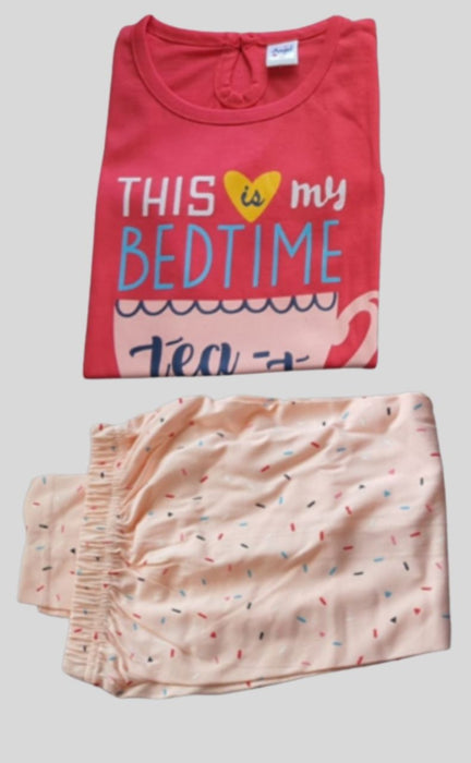 Peach Red Girls Printed Night Suit Set . Girls Night Wear | Laces and Frills - Laces and Frills