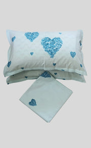 Sky Blue Hearts Bedsheet with Pillow Covers/108" x 108" - Laces and Frills