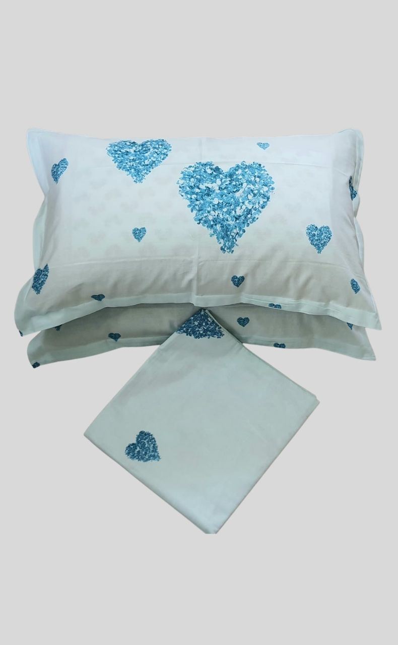 Sky Blue Hearts Bedsheet with Pillow Covers/108" x 108" - Laces and Frills