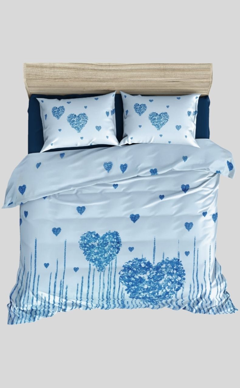 Sky Blue Hearts Bedsheet with Pillow Covers/108" x 108" - Laces and Frills