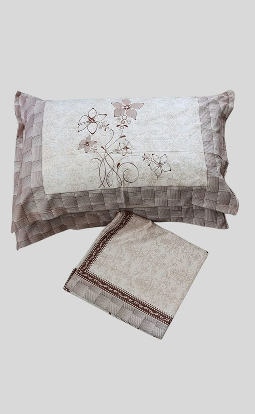 White/Brown Flora Bedsheet with Pillow Covers/108" x 108" - Laces and Frills