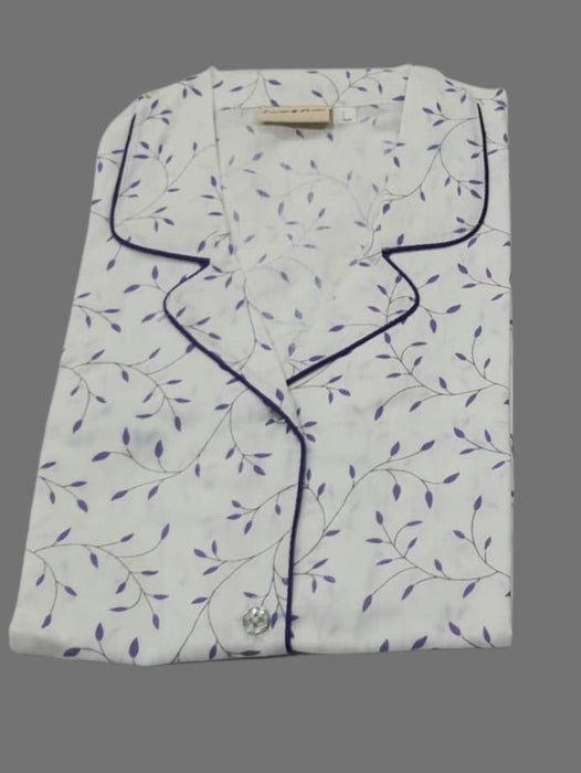 White/Violet Leaves Cotton Large (L) Night Suit - Laces and Frills