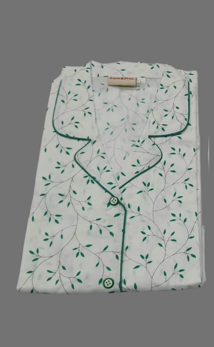 White/Green Leaves Cotton Large (L) Night Suit - Laces and Frills