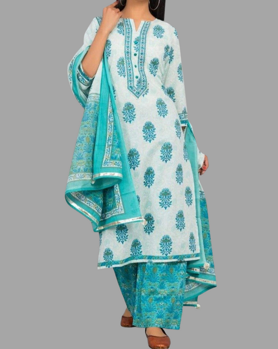 White/Sky Blue Motif Kurti With Palazzo And Dupatta Set  .Pure Versatile Cotton. | Laces and Frills - Laces and Frills