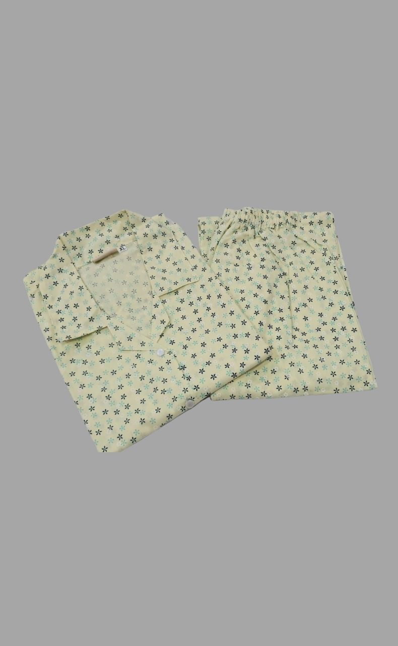 Light Yellow Flora Cotton XL Night Suit  | Pure Cotton | Laces and Frills - Laces and Frills