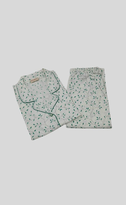 White/Green Leaves Cotton XL Night Suit | Pure Cotton | Laces and Frills - Laces and Frills