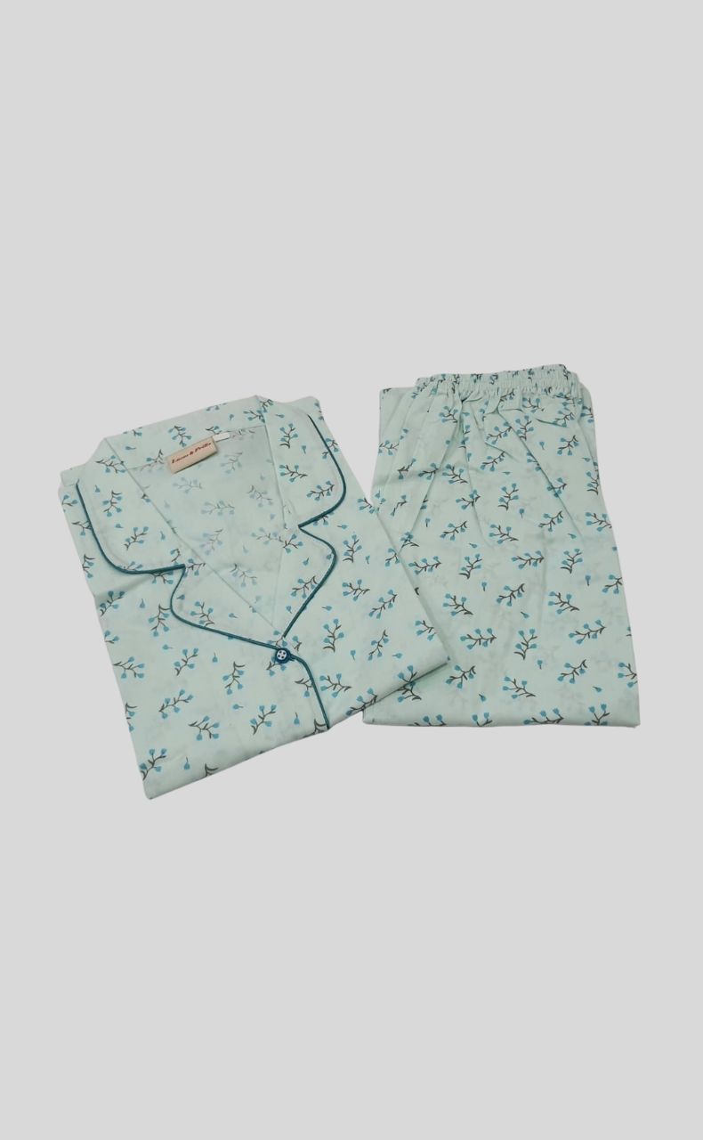 Sea Green Tulips Cotton XL Night Suit | Pure Cotton | Laces and Frills - Laces and Frills