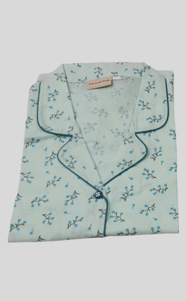 Sea Green Tulips Cotton XL Night Suit | Pure Cotton | Laces and Frills - Laces and Frills