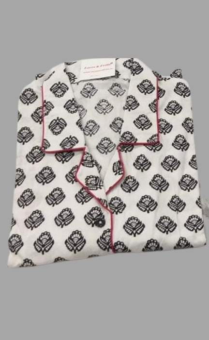White Rose Motif Cotton Large (L) Night Suit | Pure Cotton | Laces and Frills - Laces and Frills