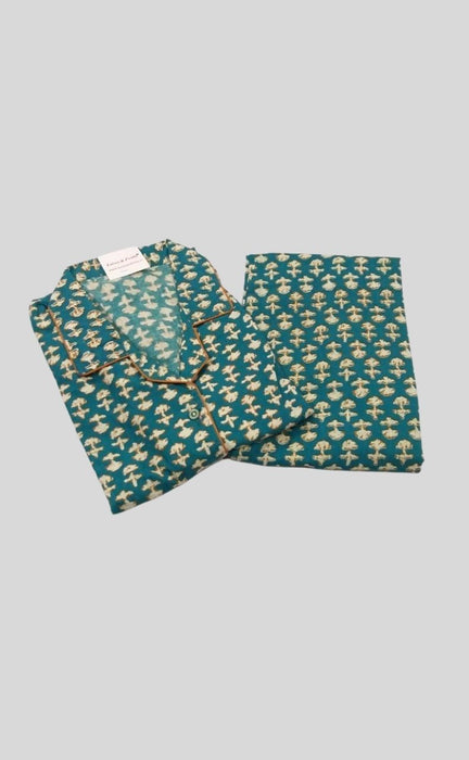 Sea Green Block Print Cotton Large (L) Night Suit - Laces and Frills
