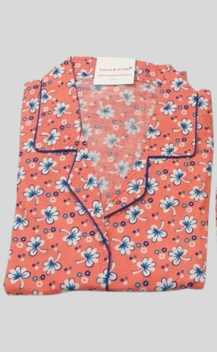 Peach Flora Cotton Large (L) Night Suit | Pure Durable Cotton | Laces and Frills - Laces and Frills