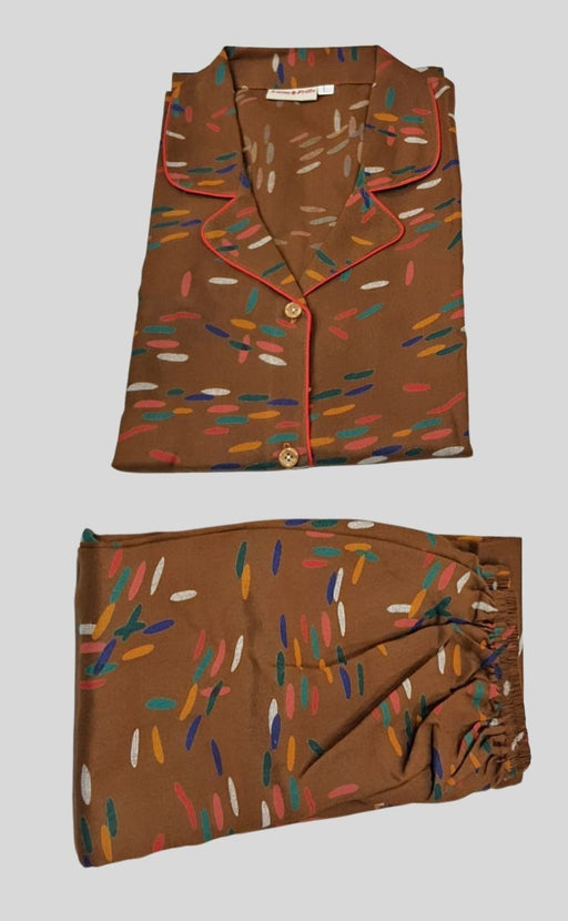 Mustard Geometrical Spun XL Night Suit | Flowy Spun Fabric | Laces and Frills - Laces and Frills