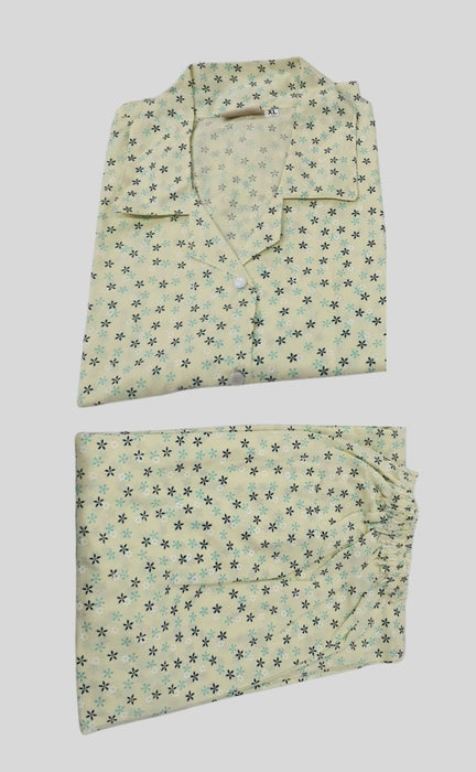 Light Yellow Flora Cotton XL Night Suit  | Pure Cotton | Laces and Frills - Laces and Frills