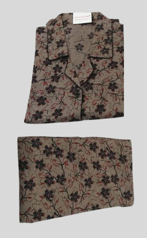 Beige/Black Floral Cotton Large (L) Night Suit | Pure Cotton | Laces and Frills - Laces and Frills