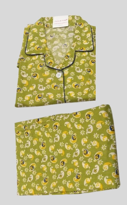 Green Leaf Cotton Large (L) Night Suit | Pure Durable Cotton | Laces and Frills - Laces and Frills