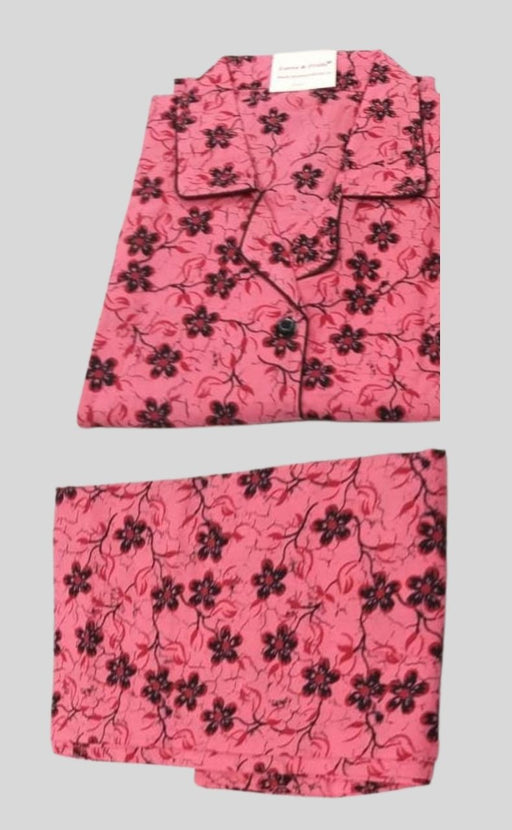 Pink/Black Floral Cotton Large (L) Night Suit | Pure Durable Cotton | Laces and Frills - Laces and Frills