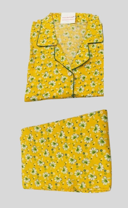 Yellow Leaf Cotton Large (L) Night Suit | Pure Durable Cotton | Laces and Frills - Laces and Frills