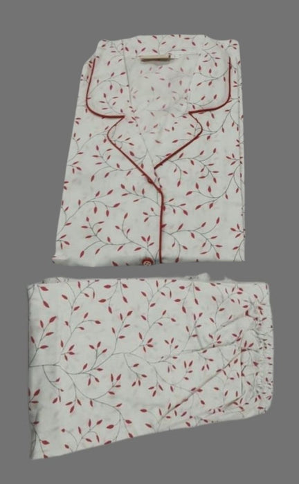 White/Red Leaves Cotton Large (L) Night Suit | Pure Cotton | Laces and Frills - Laces and Frills