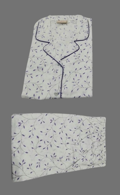 White/Violet Leaves Cotton Large (L) Night Suit | Pure Durable Cotton | Laces and Frills - Laces and Frills